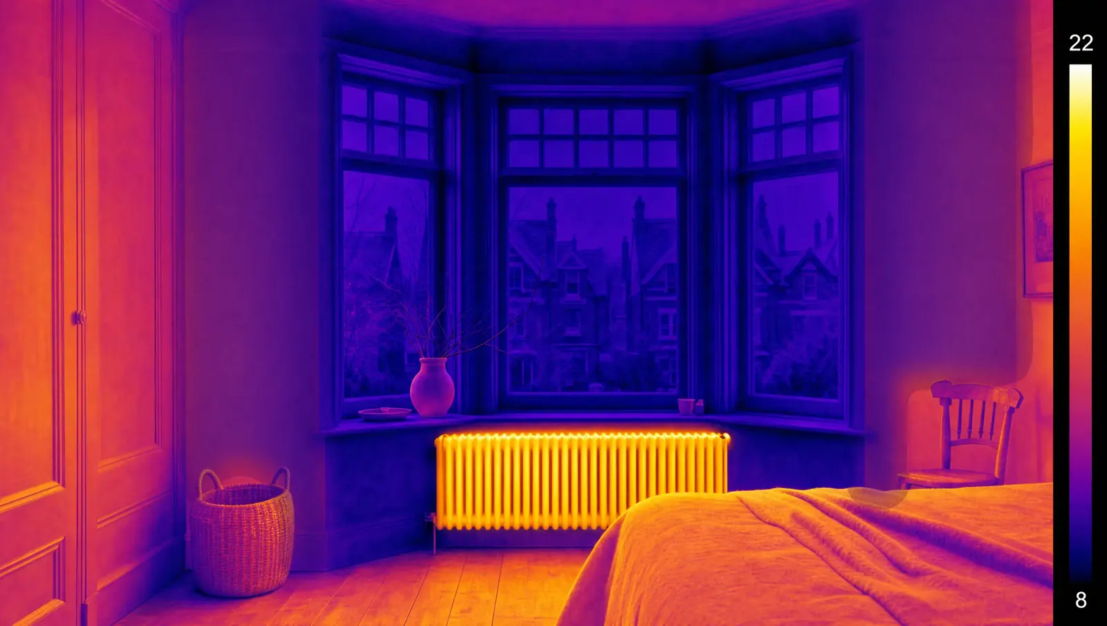 Thermal image before: bay walls cold blue and purple